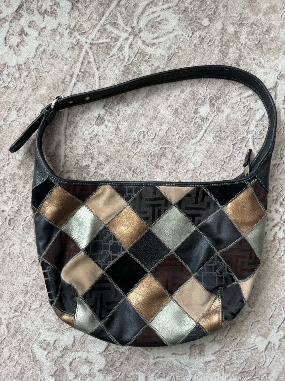 Tignanello Patchwork Hobo Bag in Black, Gold, Cream